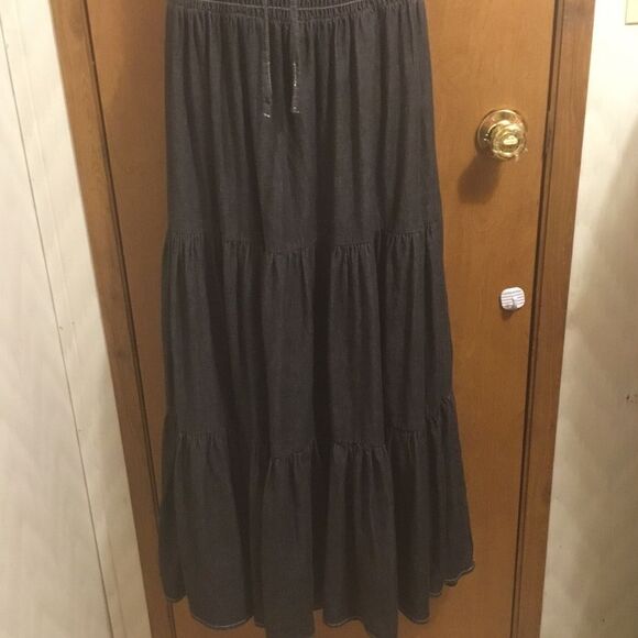 Tiered Ruffle Cinched Waist Boho Peasant Cottagecore Black Jean Maxi Dress 2P - Picture 5 of 10